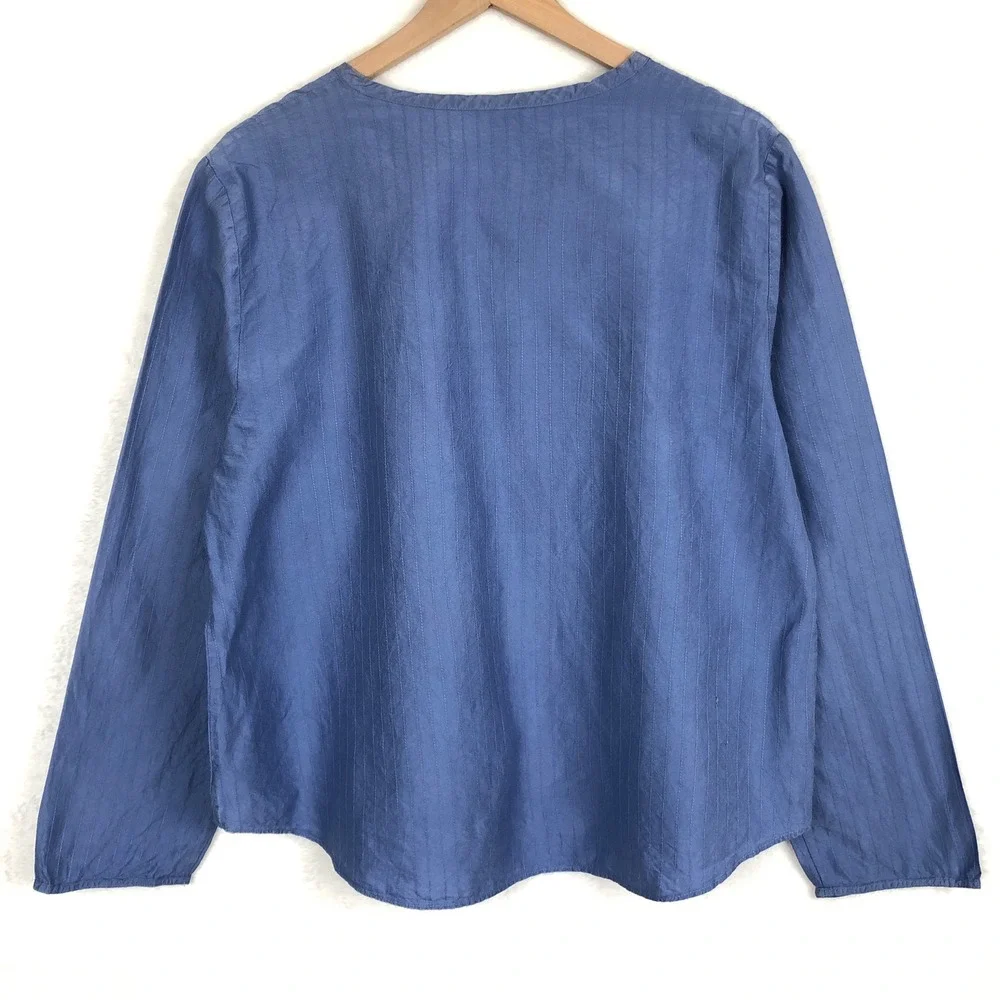 Eileen Fisher Silk Textured Stripe Button Front Top Sz L Blue L/S Minimalist - Picture 2 of 9